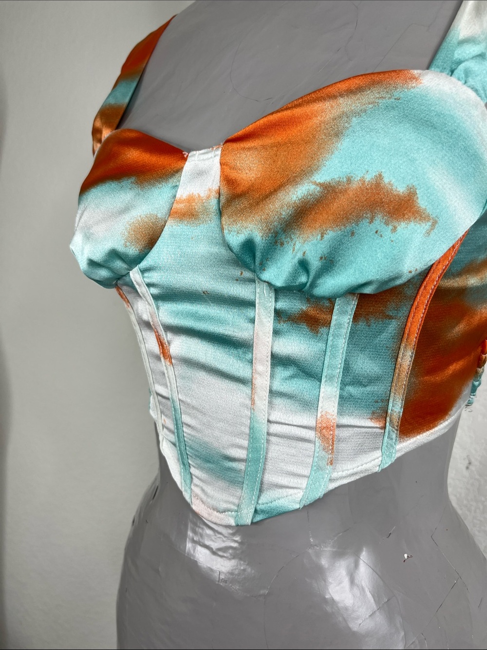 Cider Refreshing Summer Corset Satin Crop Top in Aqua & Orange Tie Dye - Picture 2 of 6